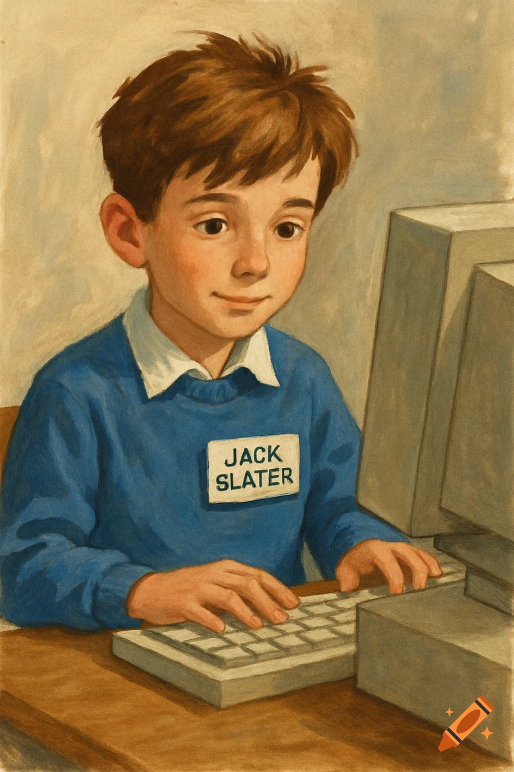 Illustration of a boy with a name tag 'Jack Slater' sitting at a computer.