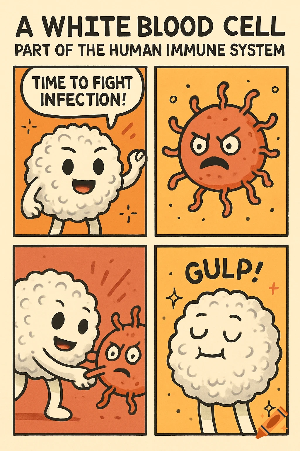 A four-panel cartoon comic strip showing a white blood cell fighting an infection.