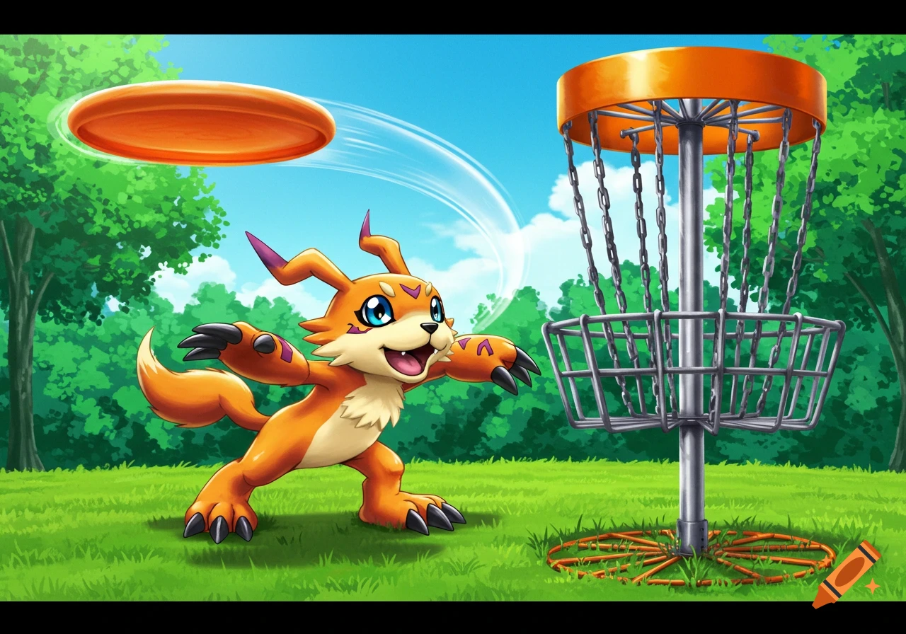 An orange Digimon-like character throws a disc towards a disc golf basket in an outdoor park, in an anime style.