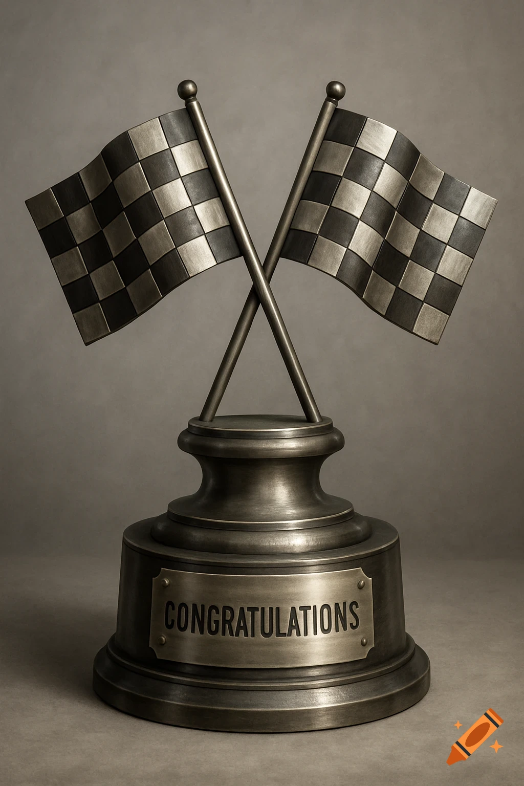 A brushed steel trophy with crossed checkered flags and a 'Congratulations' plaque.