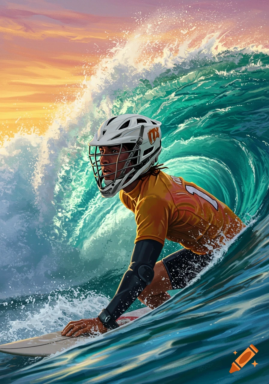 A person wearing a lacrosse helmet surfs on a large wave under a vibrant sunset sky.
