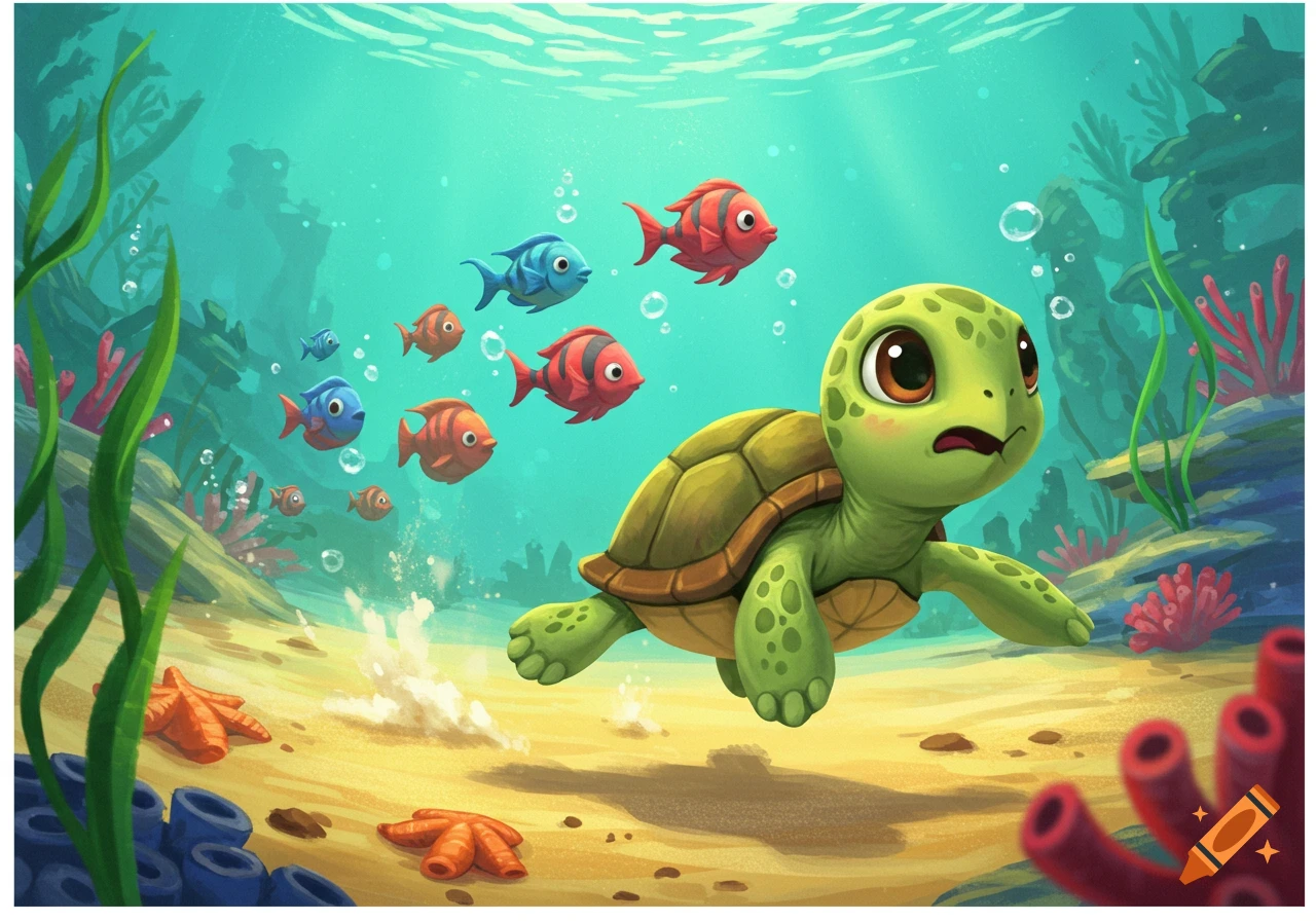 A cute cartoon turtle swims underwater with colorful fish, bubbles, and ...