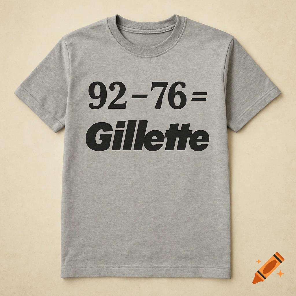 Grey t-shirt with the equation 92 - 76 = Gillette printed in black text ...