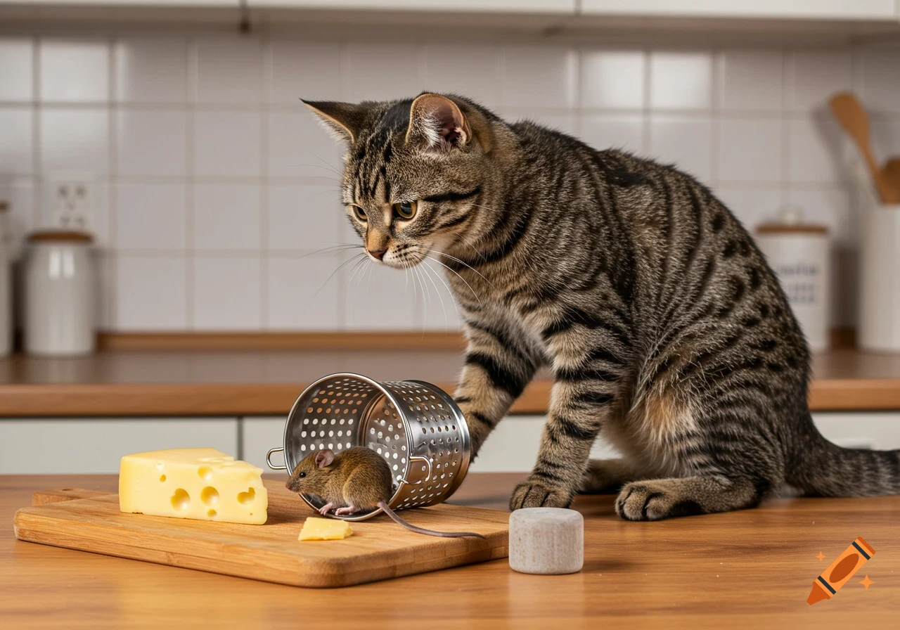 A tabby cat looks down at a mouse trapped inside a colander on a kitchen counter next to cheese.