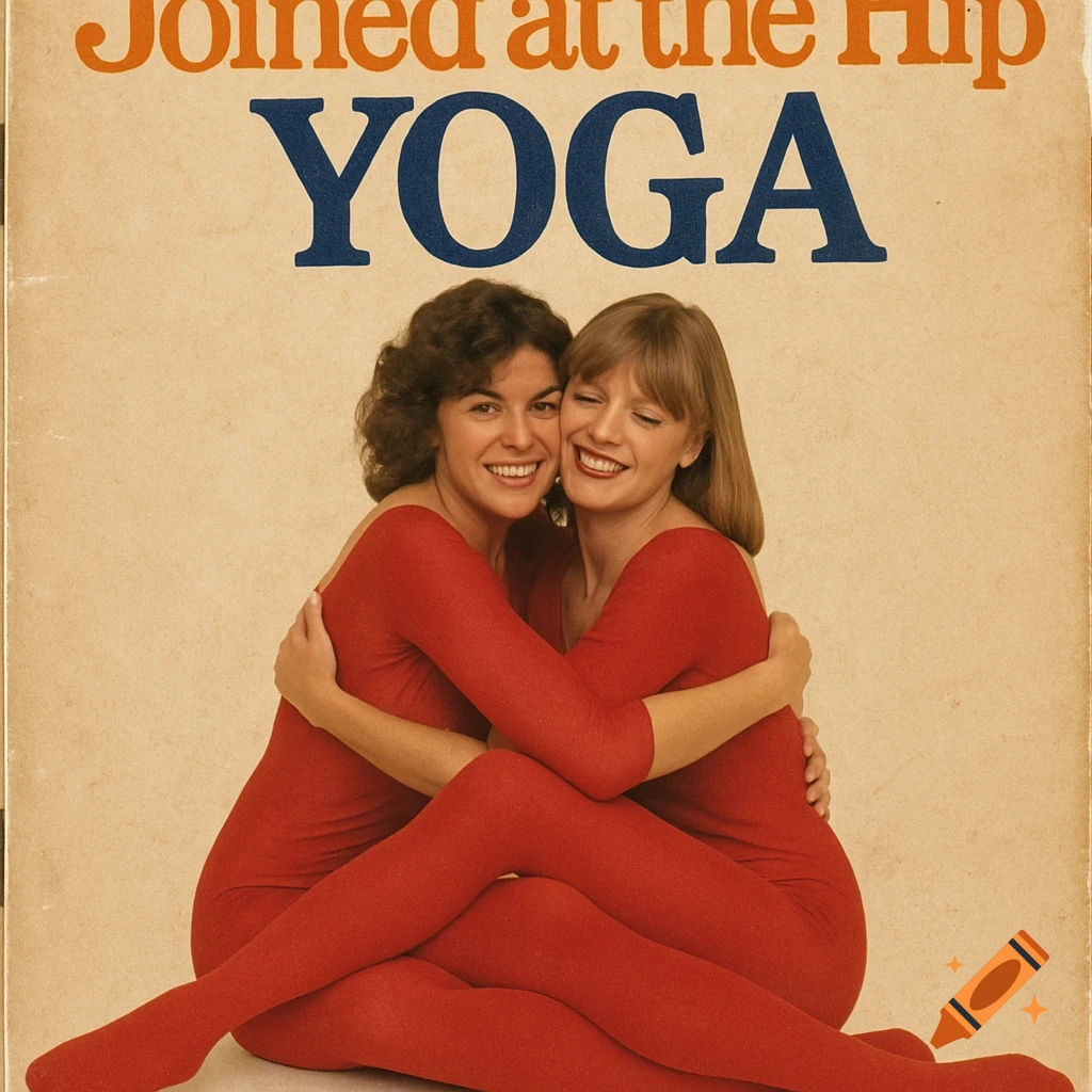 Vintage book cover titled Joined at the Hip Yoga showing two women in red leotards hugging