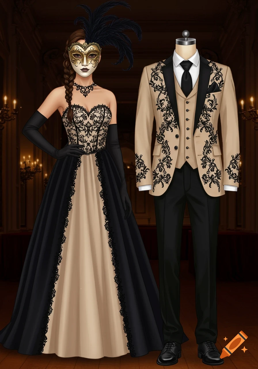 Illustration of a woman in a black and beige masquerade gown and mask next to a matching men's suit on a mannequin.
