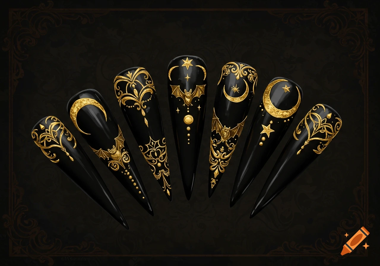 Black stiletto nails decorated with gold gothic designs including bats, moons, stars, and filigree.