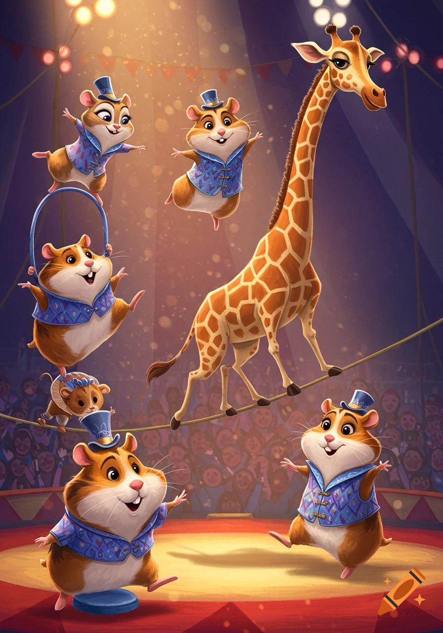 Cartoon hamsters and a giraffe perform acrobatics in a circus tent before an audience.