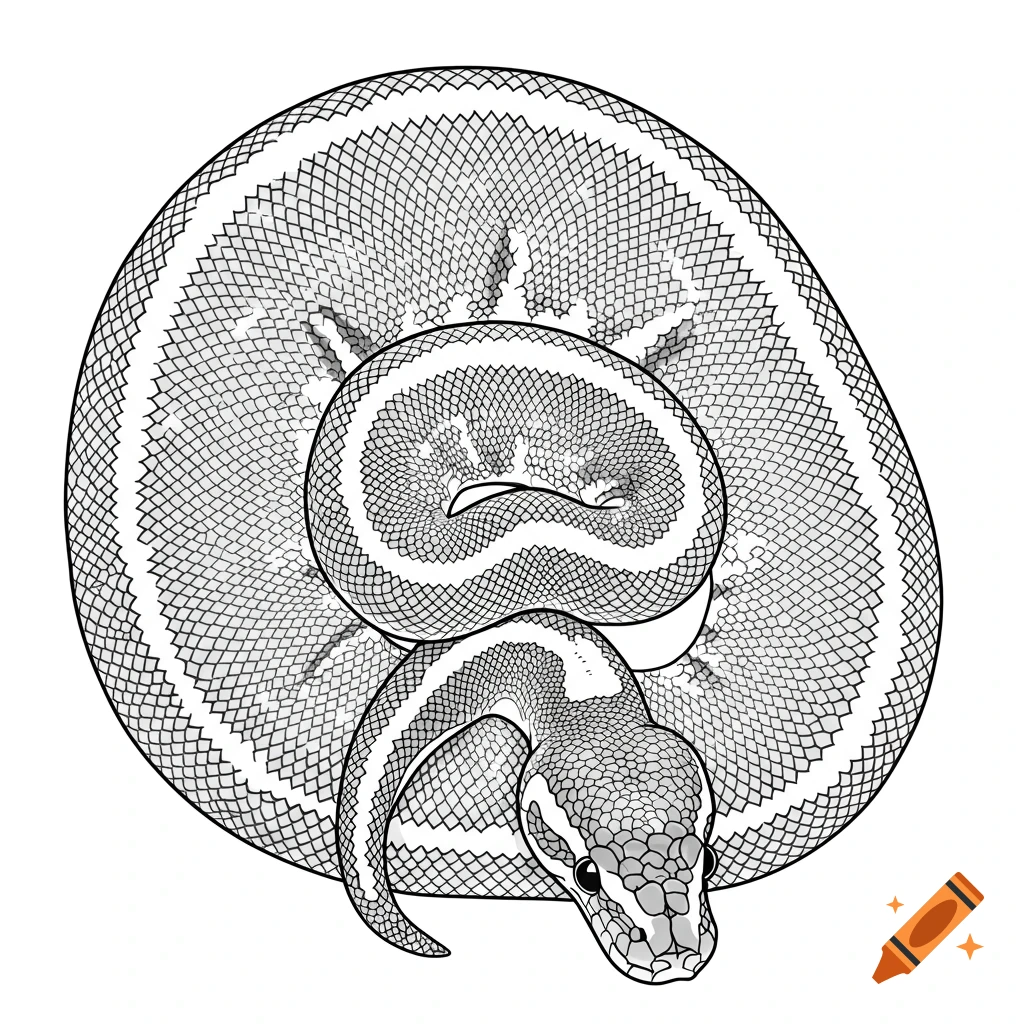 Black and white line drawing of a ball python curled up, focusing on the scale pattern.