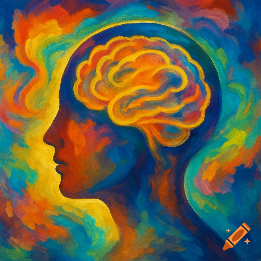 Side profile of a head with a colorful abstract brain in a painted style.