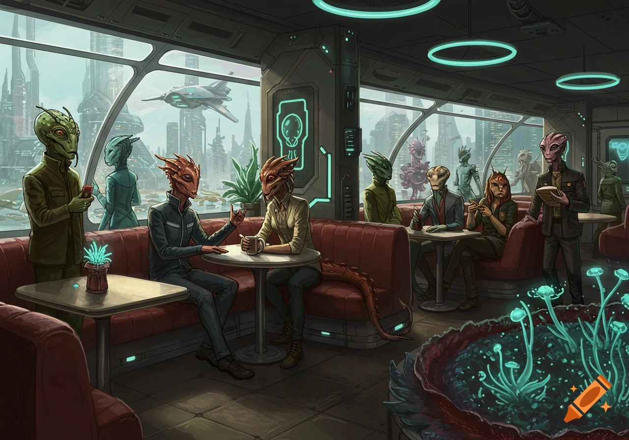 Illustrative scene of various aliens in a sci-fi cafe overlooking a futuristic cityscape with a spaceship flying by.