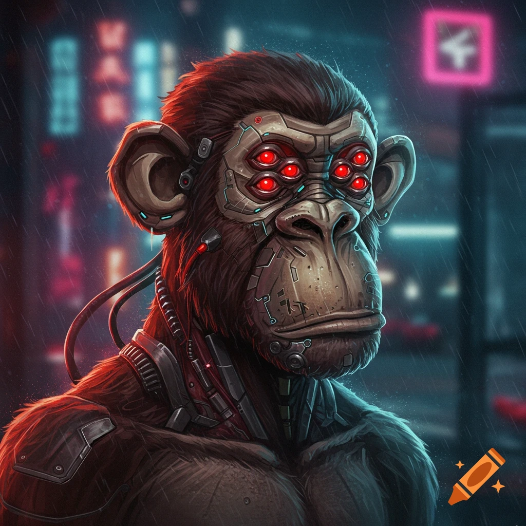 A cyberpunk cyborg ape with multiple glowing red eyes stands in a rainy city street.