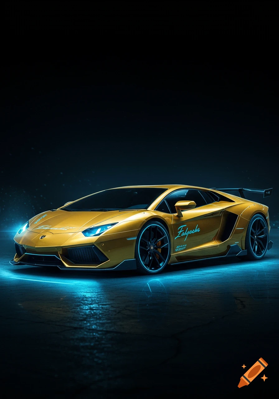 A gold Lamborghini sports car with blue lighting and a dark background.