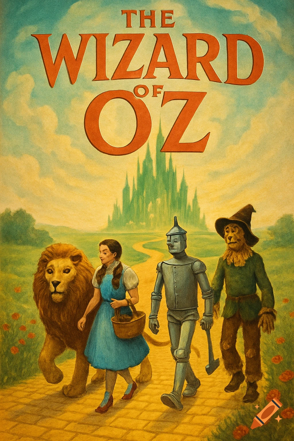 Poster of Dorothy, Lion, Tin Man, and Scarecrow walking on yellow brick road towards the Emerald City.