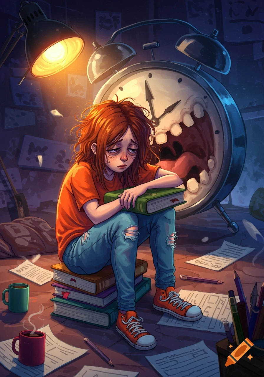 An illustration of a stressed student sitting on books with papers scattered, a monstrous alarm clock looms behind them.
