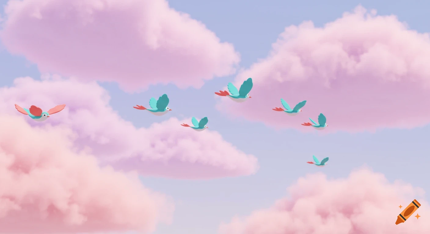 A flock of stylized blue and red birds fly through a pastel pink cloudy sky.
