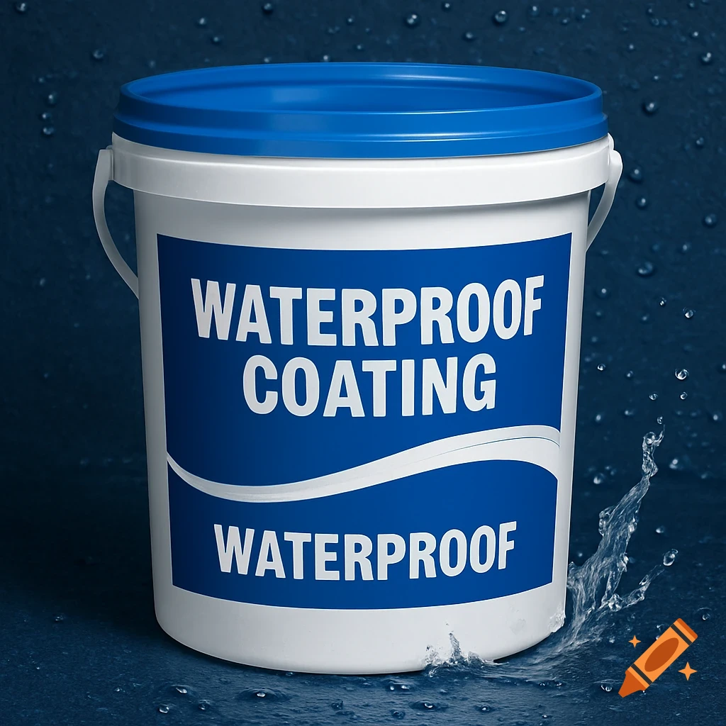 A white and blue bucket of waterproof coating sits in water with splashes.