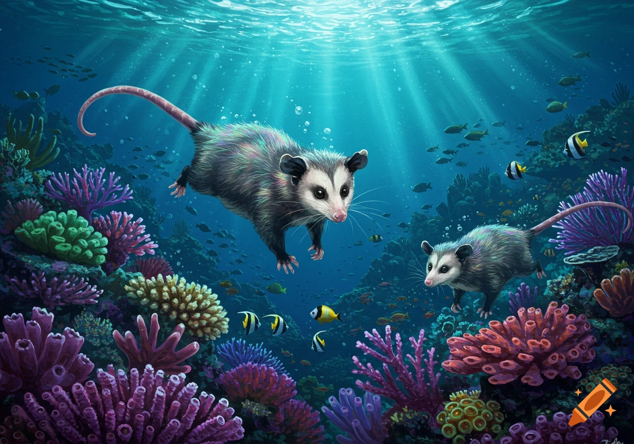 Two possums swim among colorful coral and fish in sunlit blue water.