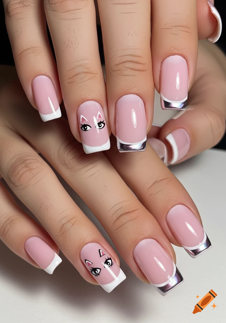 Close-up of pink nails with white french tips. Some nails have a cartoon cat eye design, and some have chrome silver edges.