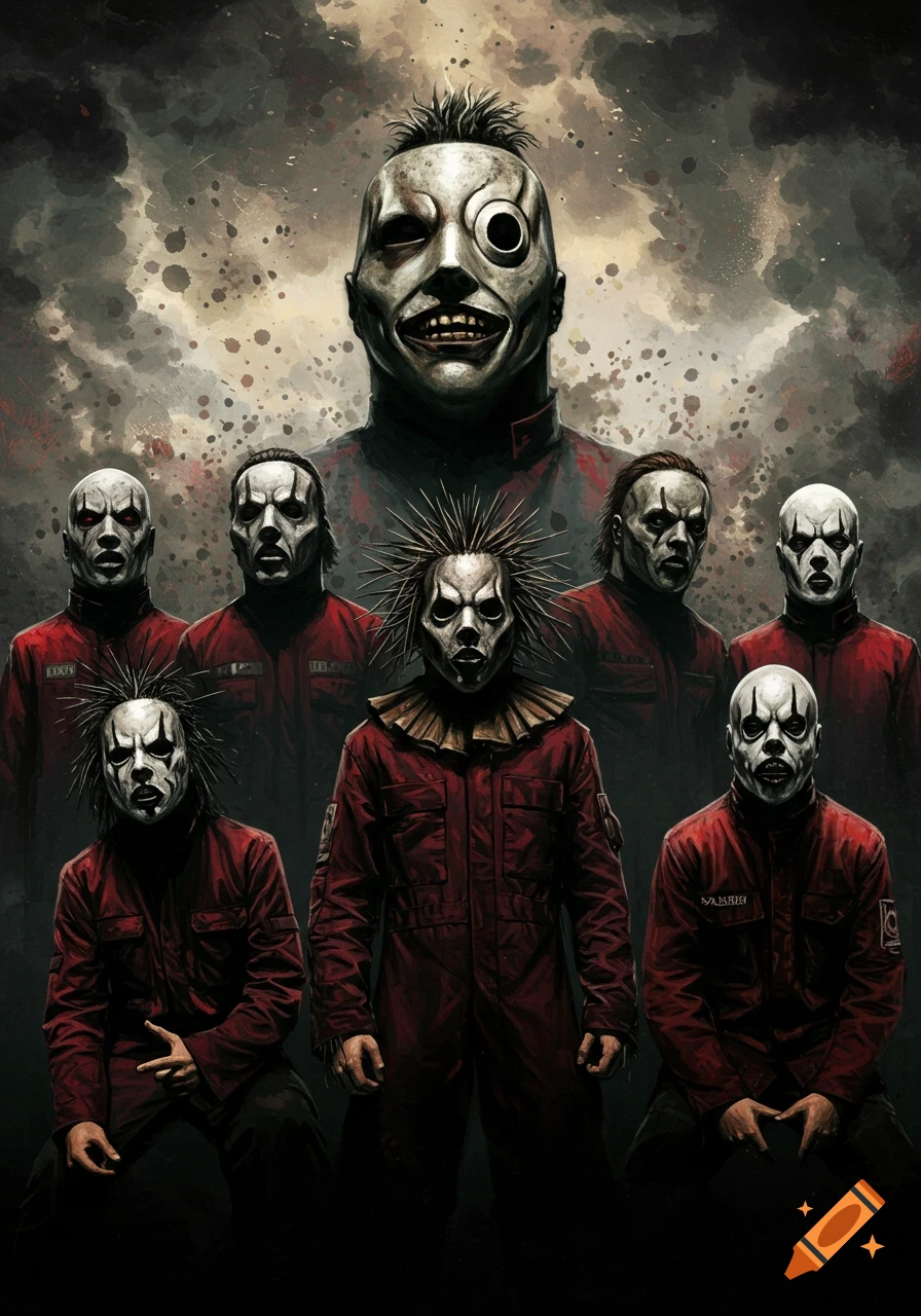 Stylized group portrait of masked figures in red jumpsuits against a stormy background, like the band Slipknot.