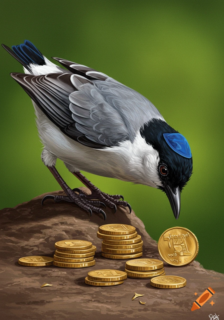 Illustration of a bird looking down at stacks of gold coins on a rock.
