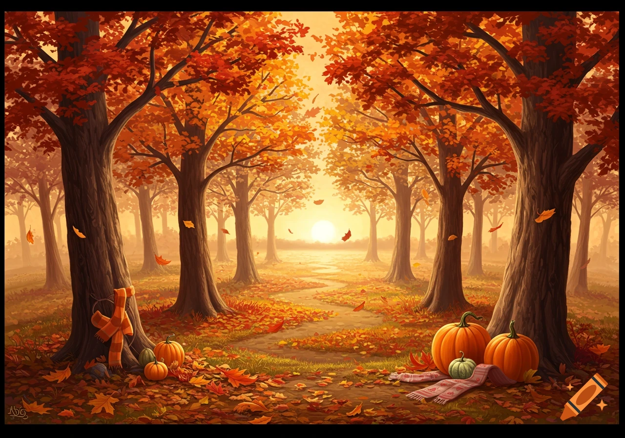 An artistic illustration of an autumn forest path with colorful trees, falling leaves, pumpkins, and scarves in warm sunlight.