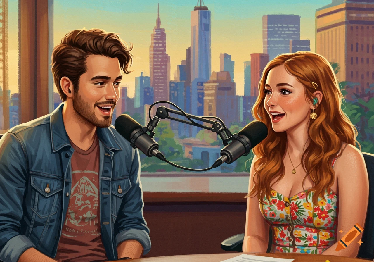 Man and woman doing a podcast in a studio with a city skyline background, stylized illustration.