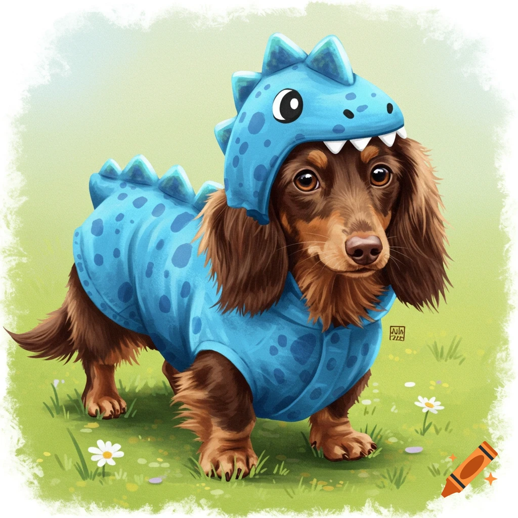 Illustration of a longhair dachshund in a blue dinosaur costume standing in grass.