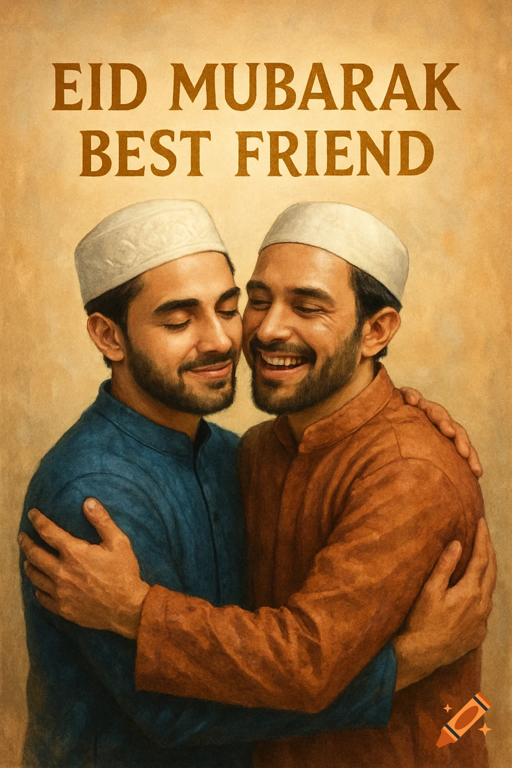 Painting of two men in kufis embracing, with text 'Eid Mubarak Best Friend'