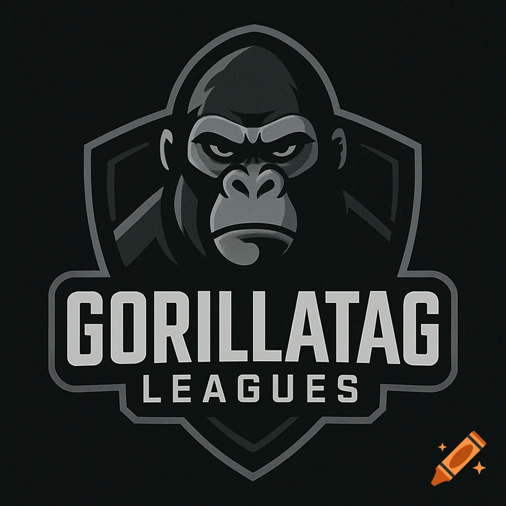 Grayscale logo with a gorilla head above the words GORILLATAG LEAGUES inside a shield shape.