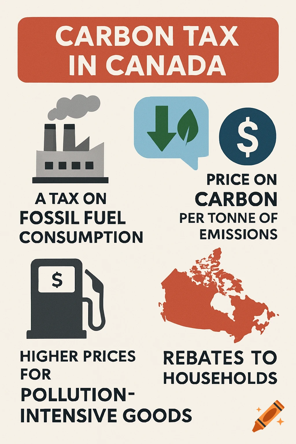 Infographic explaining carbon tax in Canada with illustrations of a factory, dollar signs, gas pump, and map of Canada.