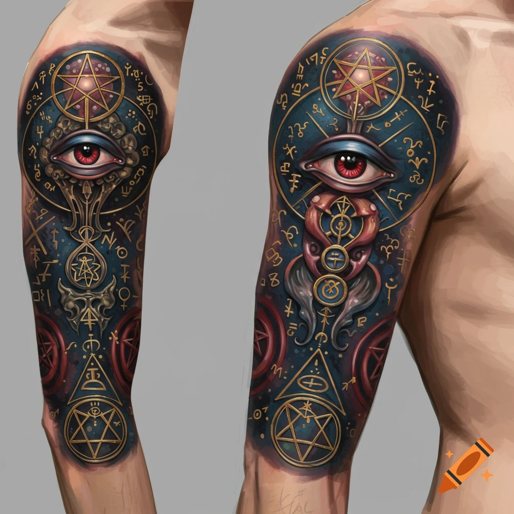 Detailed occult symbolism tattoo on an arm featuring an eye, pentagrams, and glyphs.