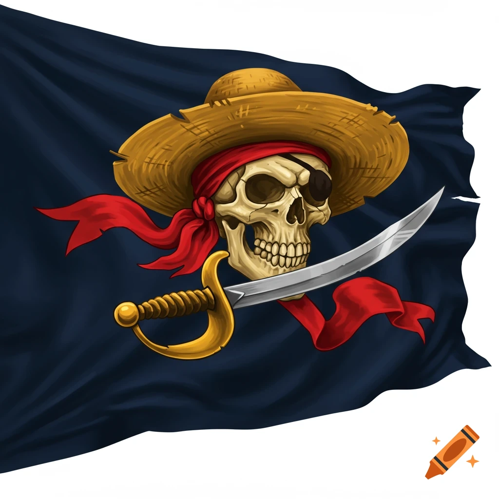A pirate flag with a straw hat, red ribbon, and a skull holding a sword.