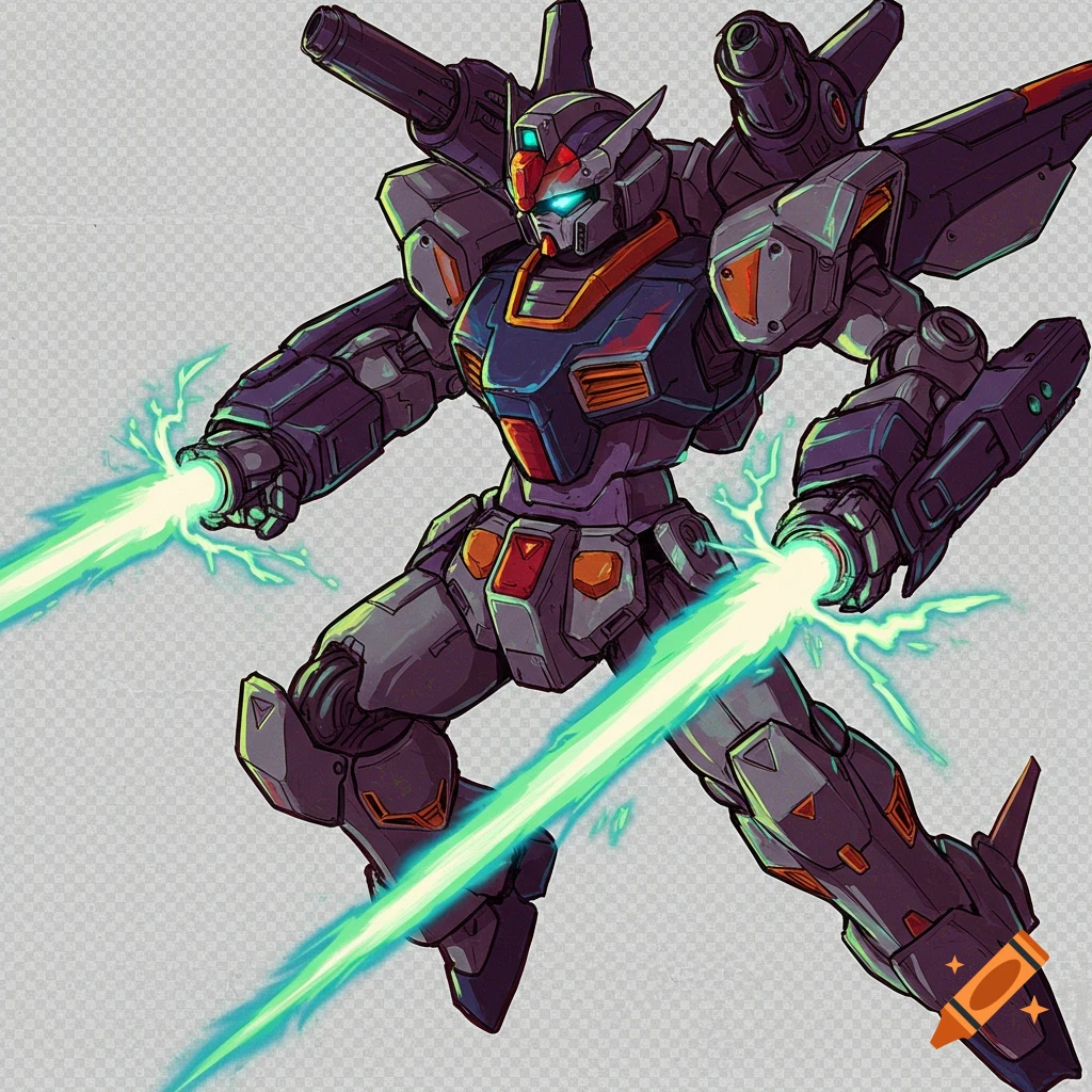 Anime illustration of a grey and purple mecha robot shooting green lasers from its hands.