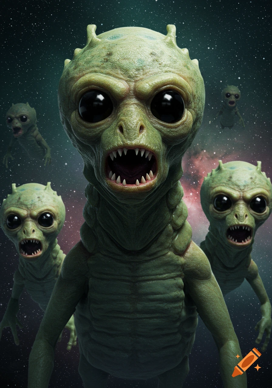 Several green aliens with big eyes and sharp teeth float in space