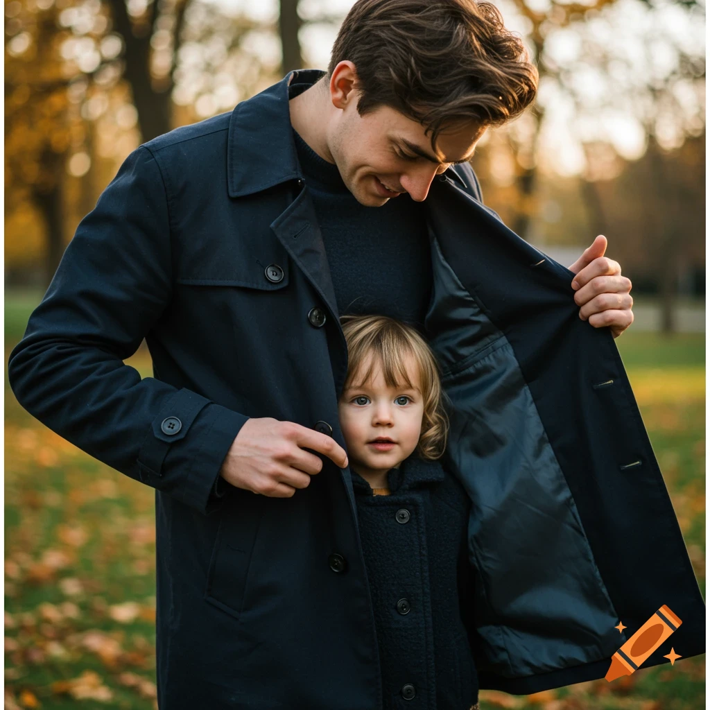 A man in a dark trench coat holds it open for a child hiding inside, outdoors in autumn.