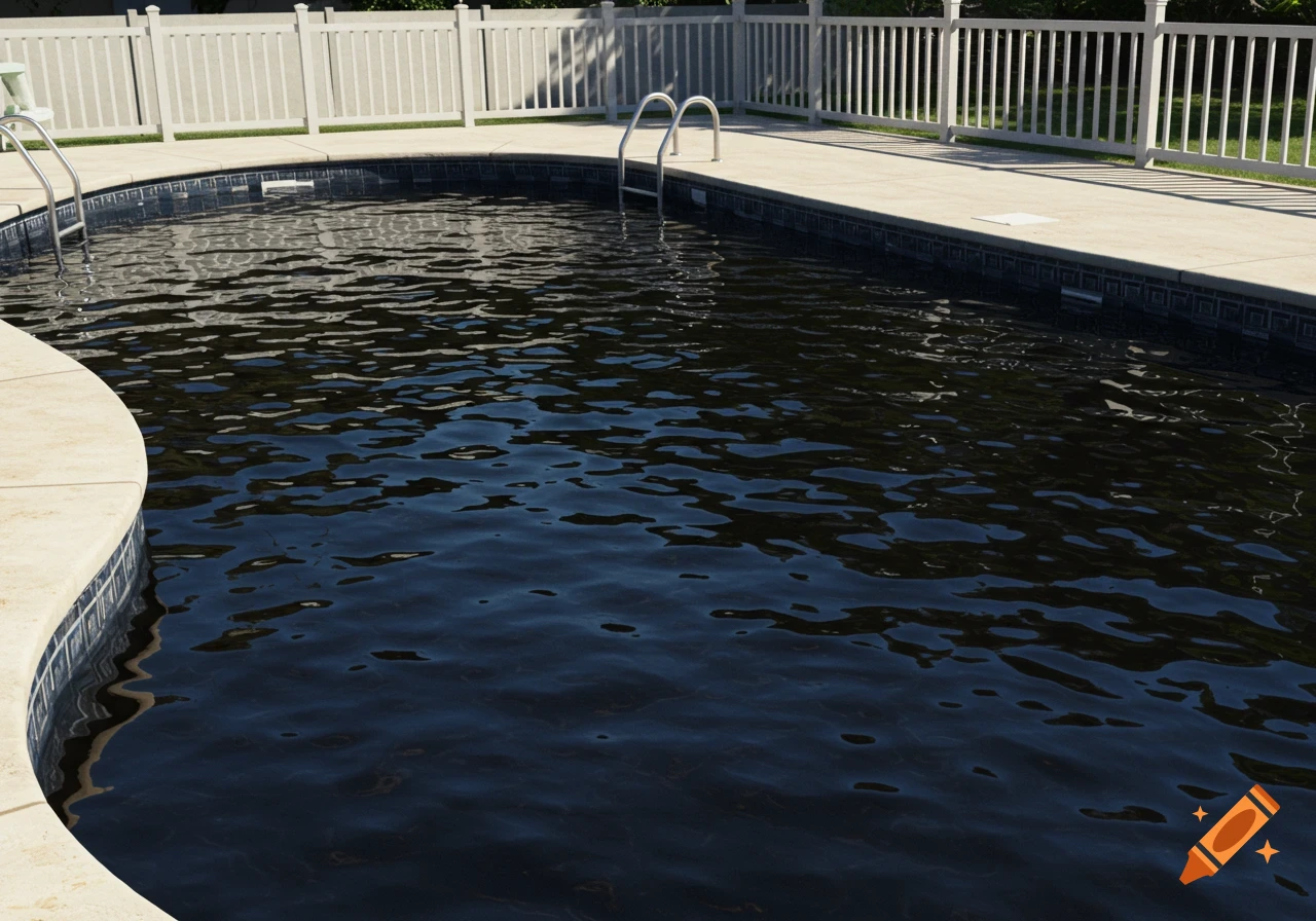 An empty swimming pool filled with dark purple water, surrounded by a concrete deck and white fence.
