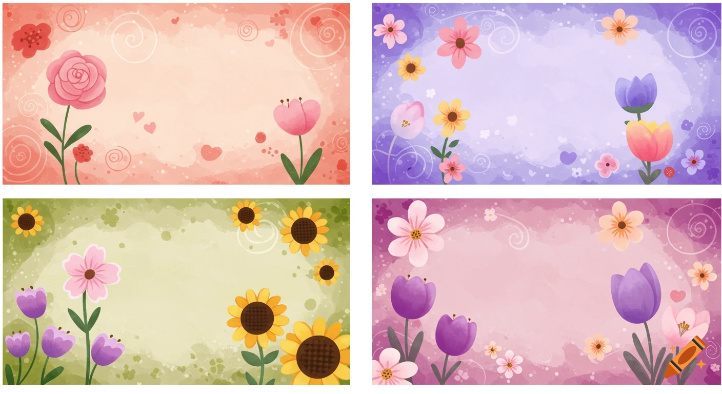 Four watercolor floral backgrounds in different colors with various flowers and patterns.
