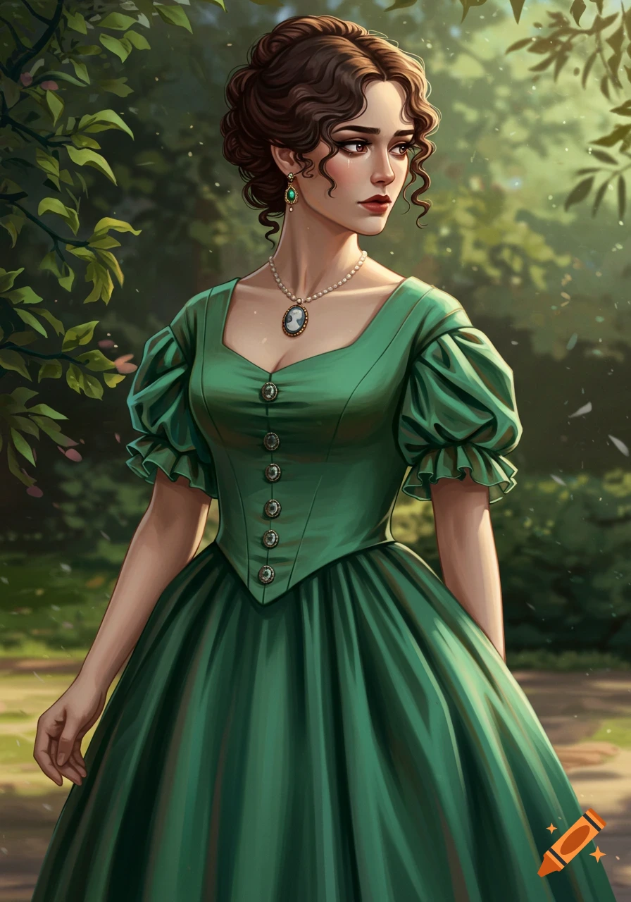 Portrait of a woman in a green 1860s dress standing in a garden.