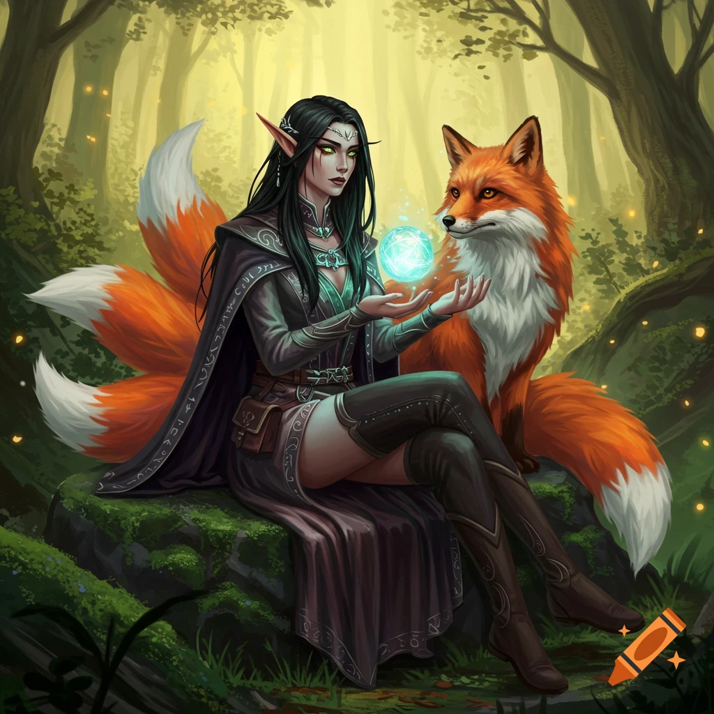 A high elf woman with black hair and green eyes sits next to a multi-tailed fox in a forest, holding a glowing blue orb.