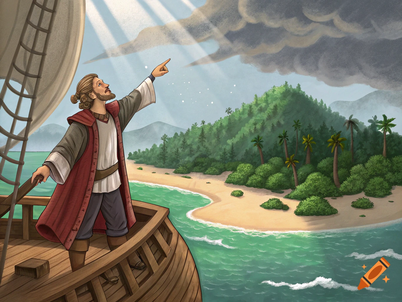 An illustration of a person on a ship pointing towards a tropical island under rays of sunlight.
