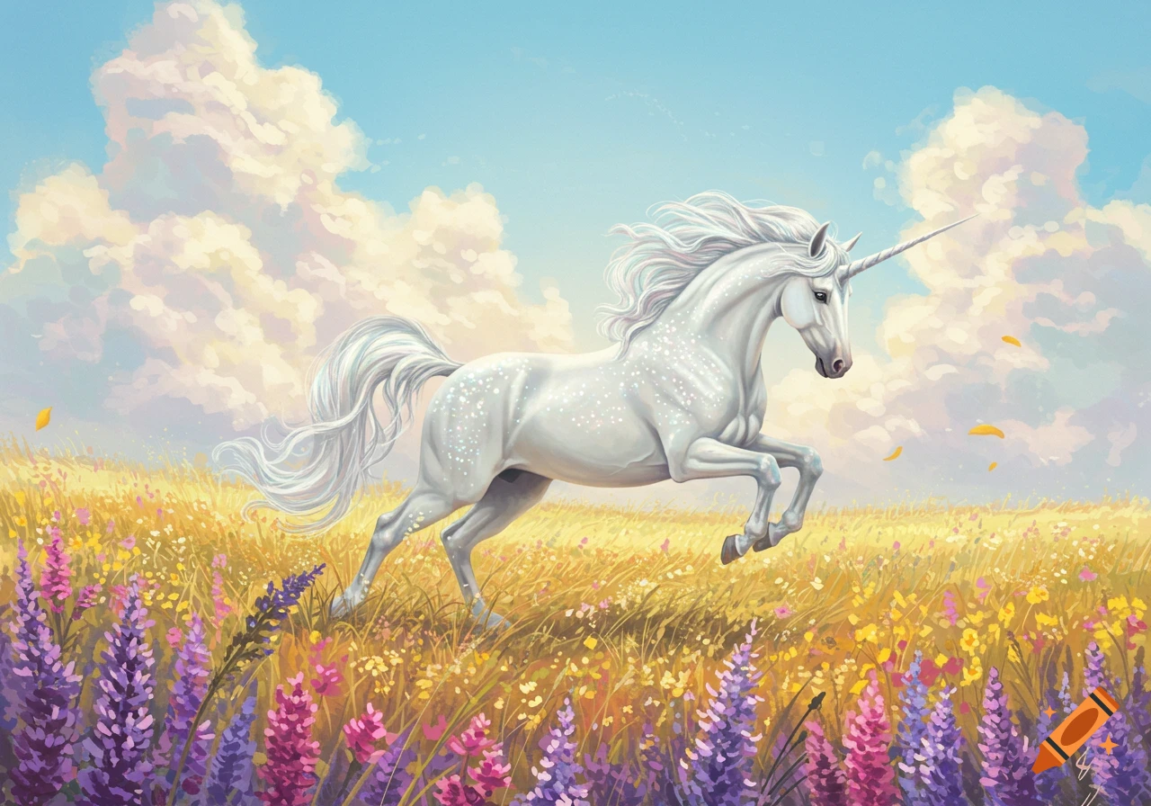 A white unicorn runs through a field of colorful flowers under a cloudy sky. Digital painting.