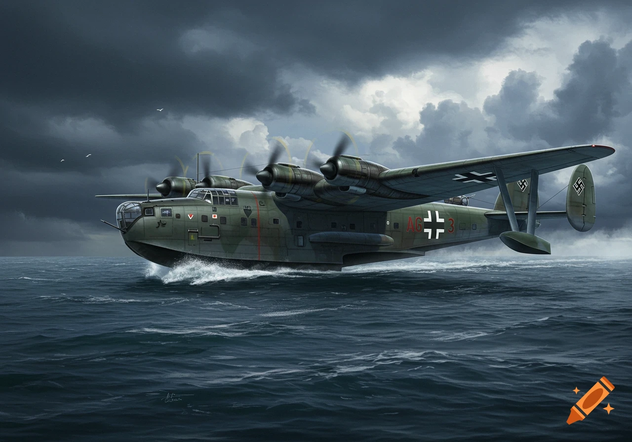 Illustration of a large military seaplane flying over choppy water under stormy skies.