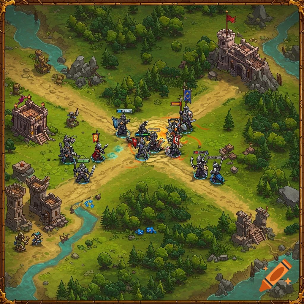 Top-down view of a stylized fantasy battlefield with knights fighting near castles, forests, and a river.