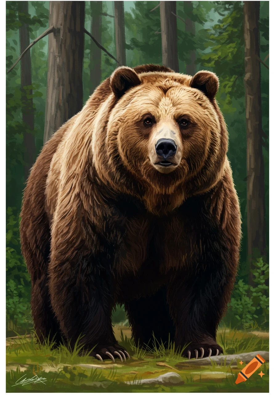 A large brown bear stands in a forest clearing. Illustrated style.