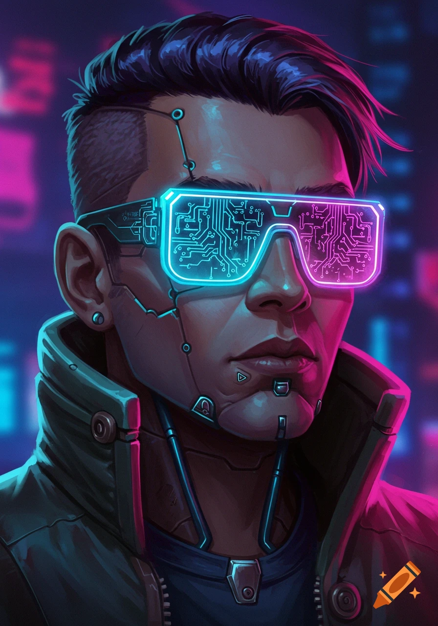 Cyberpunk portrait of a person wearing glowing circuit board glasses, digital art