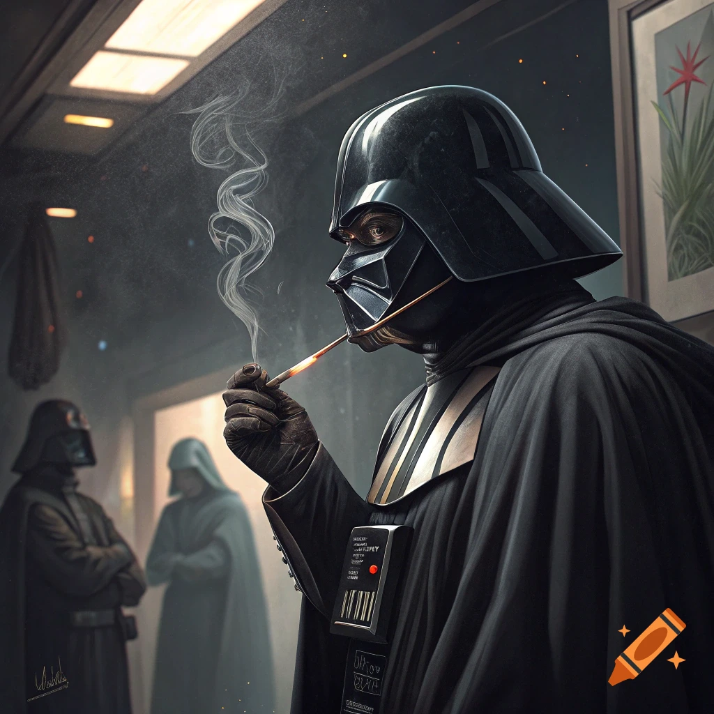 Darth Vader smoking a pipe, with other figures blurred in the background.