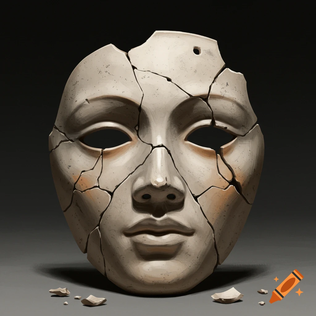 Digital painting of a cracked stone mask on a dark background.