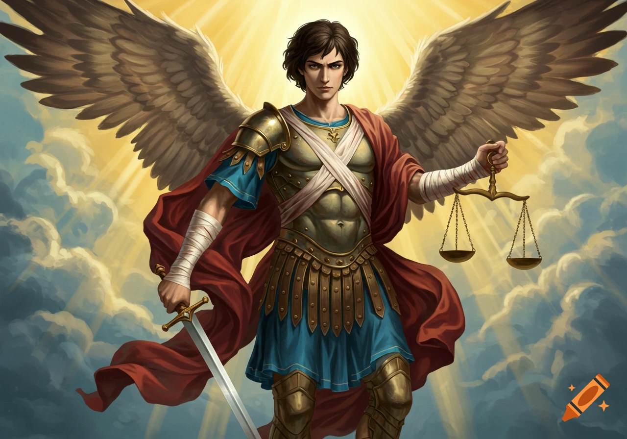 Archangel Michael in armor with wings, sword, and scales against a ...