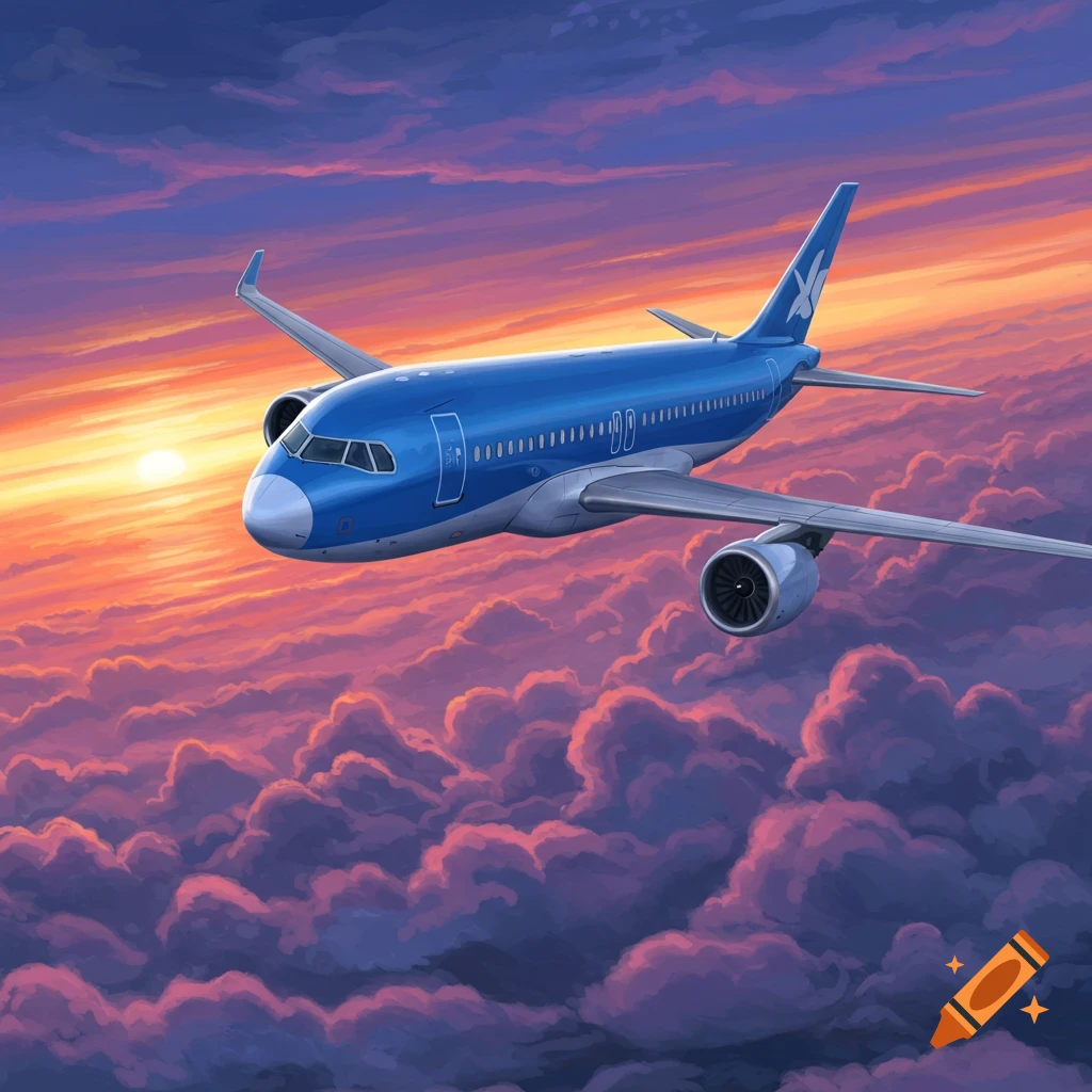 A blue airplane flies through vibrant pink and purple clouds during a sunset, rendered in a painterly style.